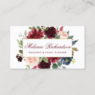 Carte De Visite Aquarelle bleue de Bourgogne d'or élégant florale
