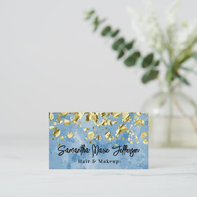 Carte De Visite Aquarelle bleue Gold Drop Coiffure Nail Maquillage (Debout devant)