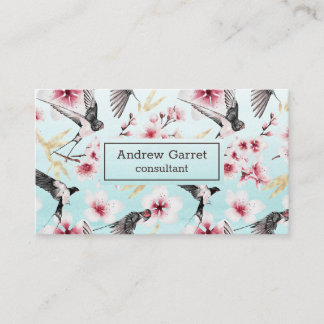 Carte De Visite Aquarelle bleue Japonaise hirondelle cerise fleurs