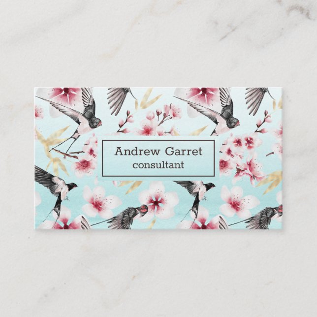 Carte De Visite Aquarelle bleue Japonaise hirondelle cerise fleurs (Devant)