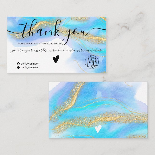 Carte De Visite Aquarelle bleue or parties scintillant logo comman (Devant / Derrière)
