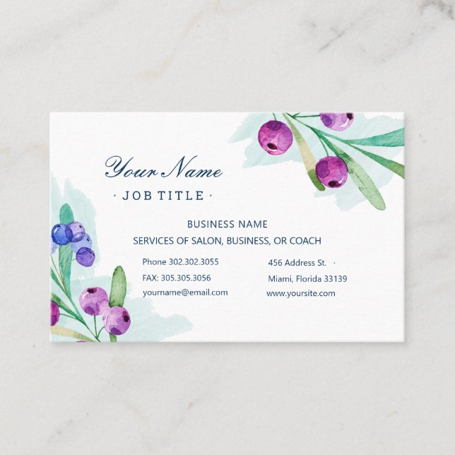 Carte De Visite Aquarelle Blueberries Wellness Coach (Devant)