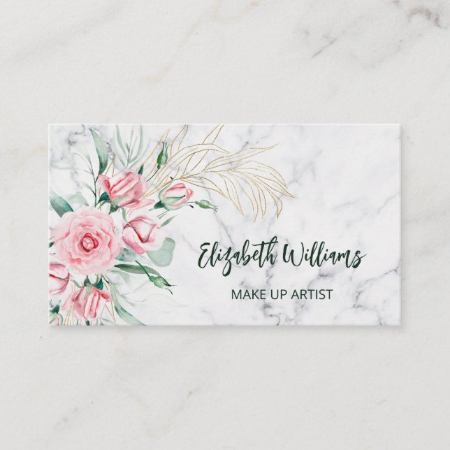 Carte De Visite Aquarelle Blush Floral Marbre | Code QR (Devant)