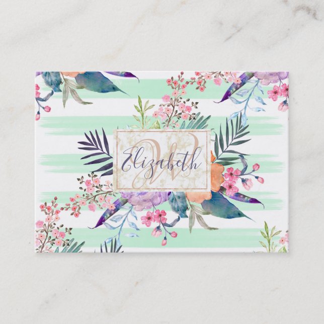 Carte De Visite Aquarelle Boho floral, feuille, rayures peinture à (Devant)