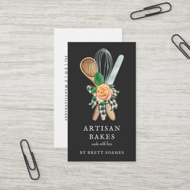 Carte De Visite Aquarelle boulangerie Cuisine Ustensiles Noir (Devant/Arrière en situation)