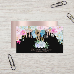 Carte De Visite Aquarelle Boulangerie Outils Fleurs Rose gouttes d