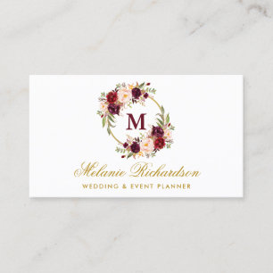 Carte De Visite Aquarelle Bourgogne Marsala Floral Monogramme Or