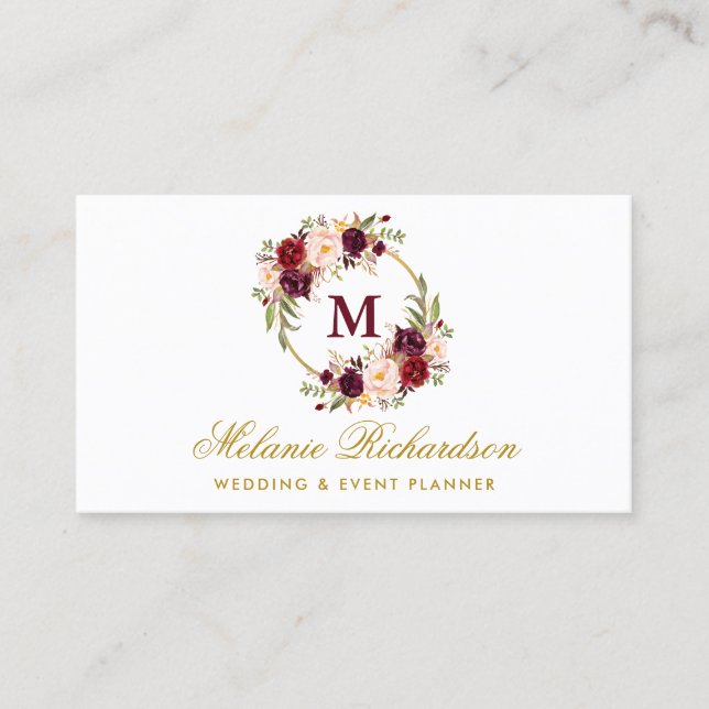 Carte De Visite Aquarelle Bourgogne Marsala Floral Monogramme Or (Devant)