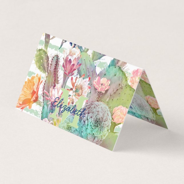 Carte De Visite Aquarelle Cactus Floral Stripes Design (Devant)