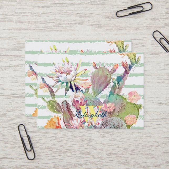 Carte De Visite Aquarelle Cactus Floral Stripes Design (Devant/Arrière en situation)