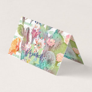 Carte De Visite Aquarelle cactus, motifs floraux et rayures