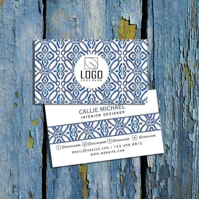 Carte De Visite aquarelle carreaux bleu Abstraits (Embrace a fresh, artistic look with our watercolor abstract business card  #modernprofessional #tile)