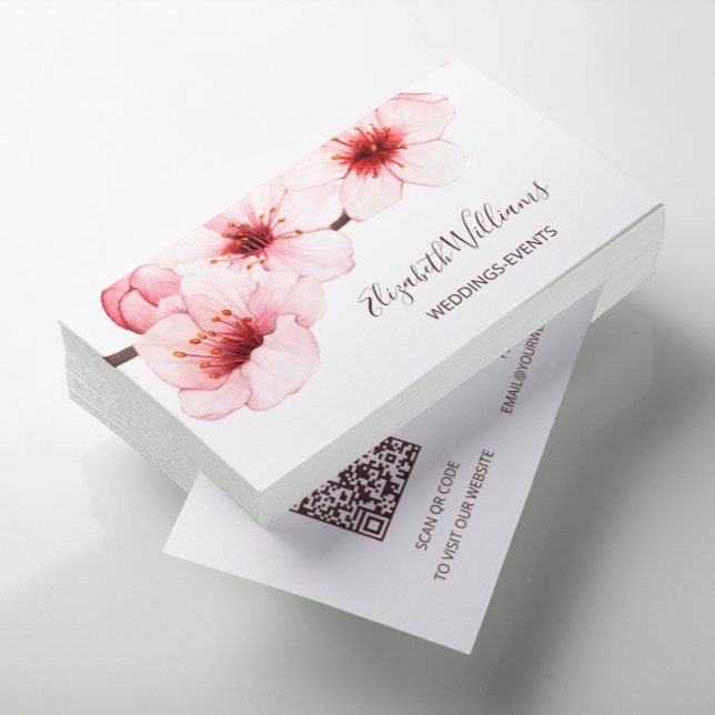 Carte De Visite Aquarelle Cerisier Fleur Blanc | Code Qr (Créateur téléchargé)