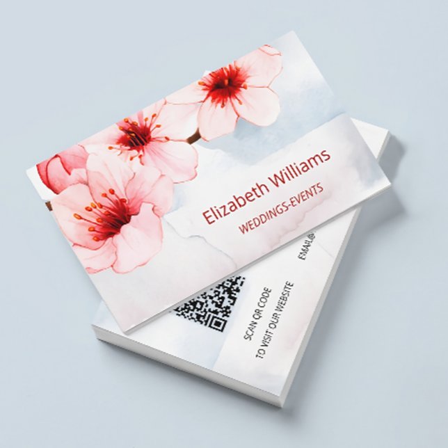 Carte De Visite Aquarelle Cerisier Fleur rose | Code Qr (Créateur téléchargé)