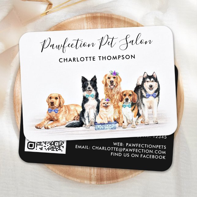 Carte De Visite Aquarelle Chien Groomer Animal Sitting Website QR  (Créateur téléchargé)