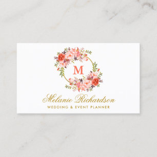 Carte De Visite Aquarelle Coral Floral Or Monogramme