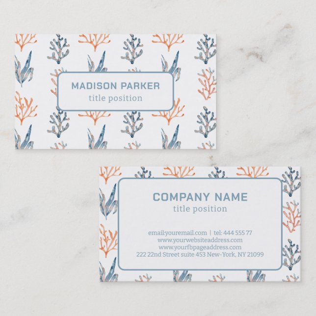 Carte De Visite Aquarelle Coraux bleu et orange (Devant / Derrière)