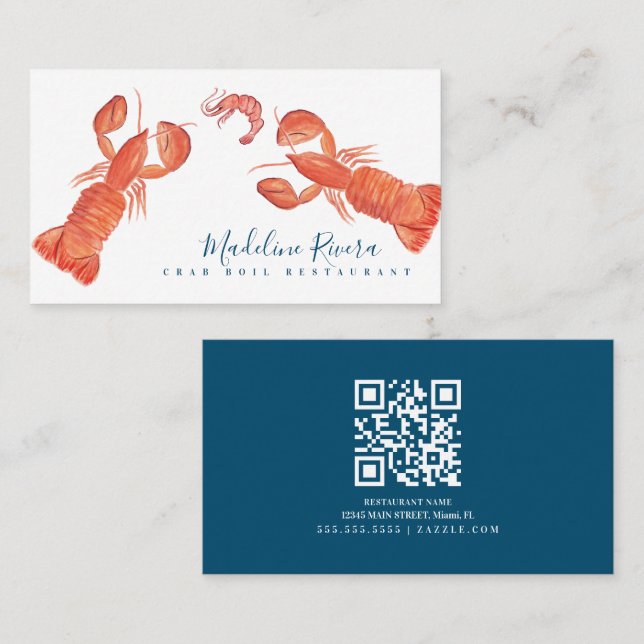 Carte De Visite Aquarelle Crabe de Crustacés Restaurant Crawfish (Devant / Derrière)