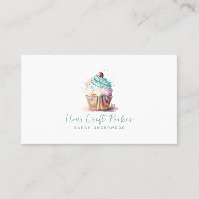 Carte De Visite Aquarelle Cupcake Logo Boulangerie Pâtisserie Chef (Devant)