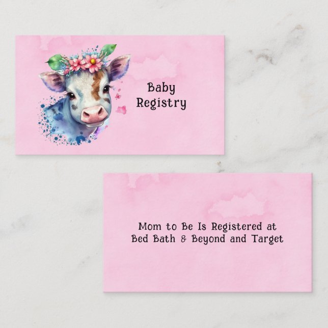 Carte De Visite Aquarelle Cute Cow Rose Girl Registre bébé (Devant / Derrière)