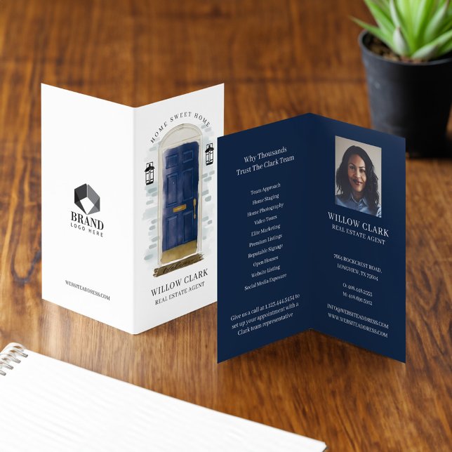 Carte De Visite Aquarelle de la marine classique Porte avant Photo (Classy Navy Watercolor Front Door Photo & Services Business Card)
