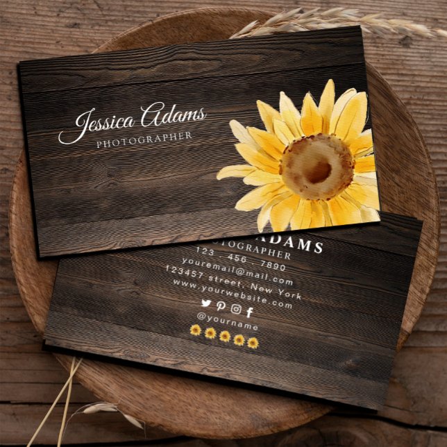 Carte De Visite Aquarelle de tournesol jaune rustique en bois (Rustic Yellow Sunflower Watercolor Wooden Business Card,#sunflower #handpaintedsunflower #watercolor)