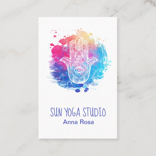 Carte De Visite *~* Aquarelle des yeux sacrés Hamsa Yoga à la main (Devant)