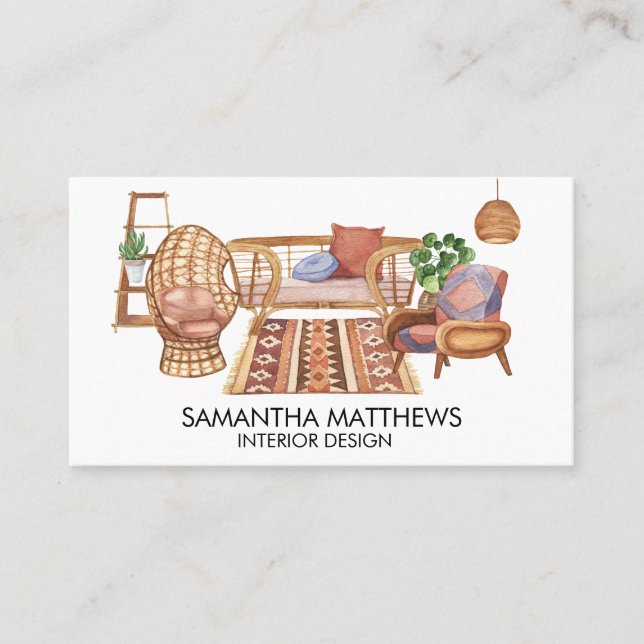 Carte De Visite Aquarelle Design d'intérieur Business Boho Mobilie (Devant)