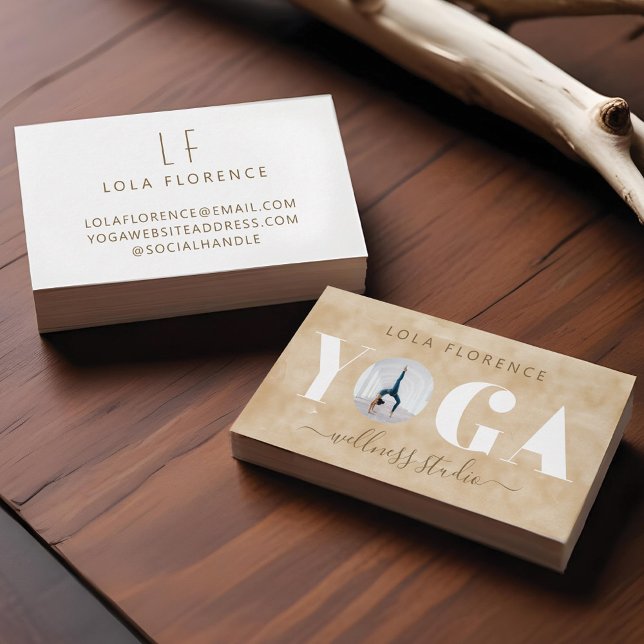 Carte De Visite Aquarelle dorée moderne YOGA superposition photo p (Modern Golden Watercolor YOGA Overlay Custom Photo Business Card)