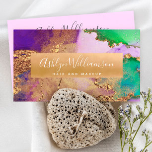 Carte De Visite Aquarelle en marbre moderne, or violet aqua vert