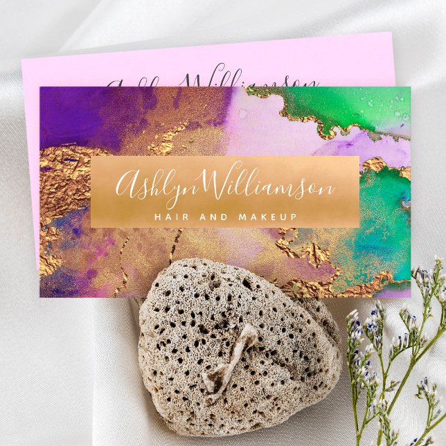 Carte De Visite Aquarelle en marbre moderne, or violet aqua vert (Créateur téléchargé)