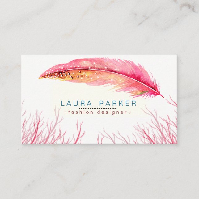Carte De Visite Aquarelle en plumes roses Boho Girly Chic (Devant)