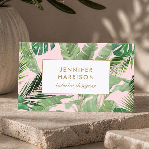 Carte De Visite Aquarelle Feuille tropical Motif sur rose