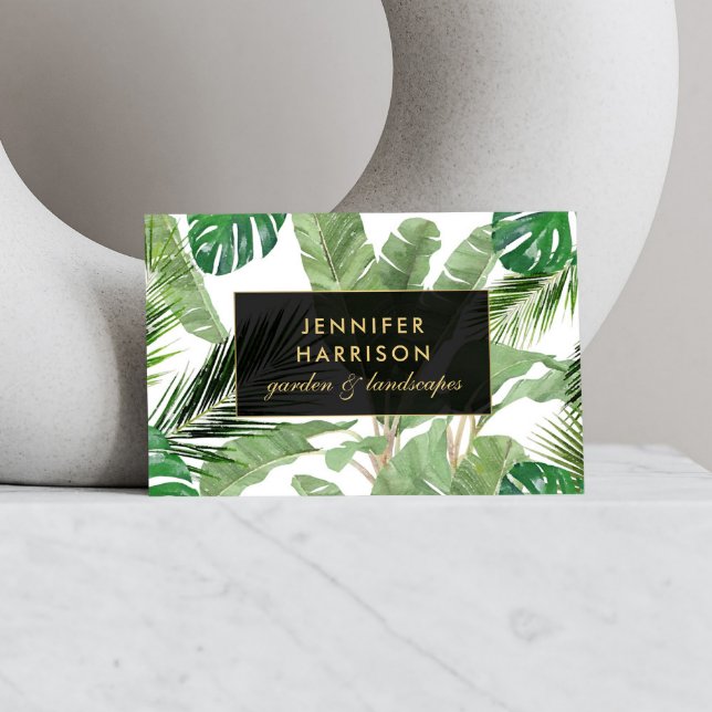 Carte De Visite Aquarelle Feuille tropicale Motif sur blanc (Créateur téléchargé)