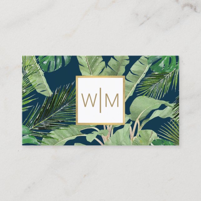 Carte De Visite Aquarelle Feuilles tropicaux Monogramme bleu/blanc (Devant)