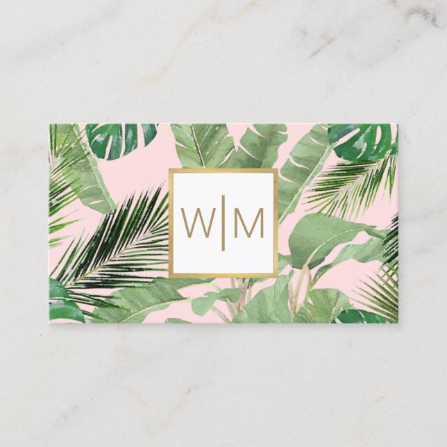 Carte De Visite Aquarelle Feuilles tropicaux Monogramme rose/blanc (Devant)