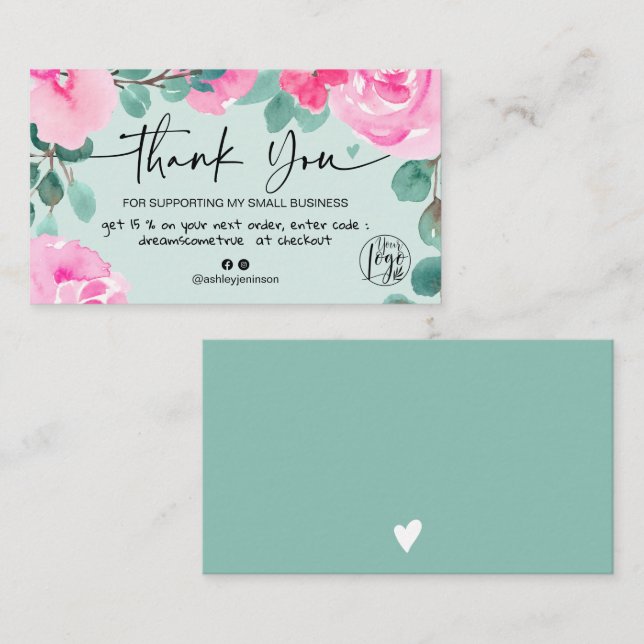 Carte De Visite Aquarelle fleurie rose verte commander merci (Devant / Derrière)