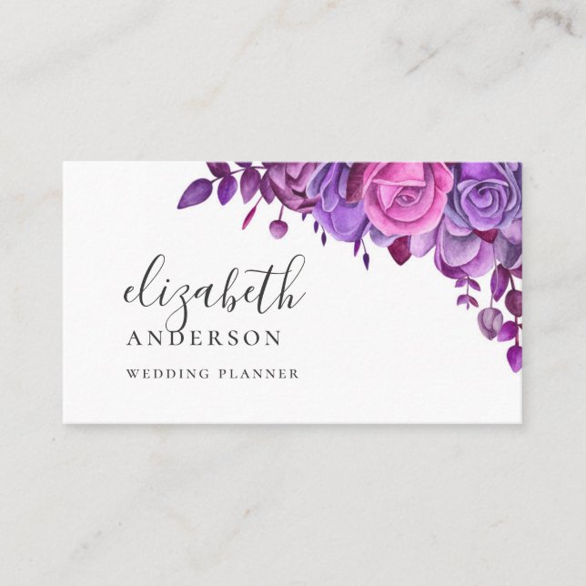 Carte De Visite Aquarelle fleurie violet et rose (Devant)