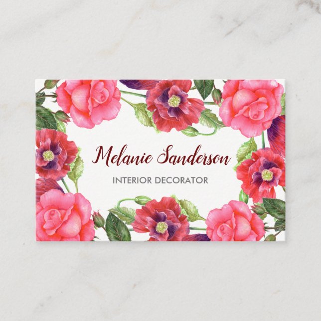 Carte De Visite Aquarelle Fleurs rouges et roses Arrangement de co (Devant)