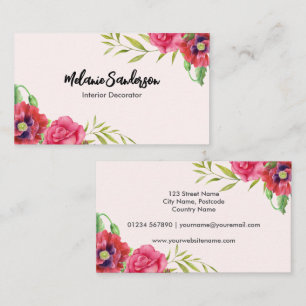 Carte De Visite Aquarelle Fleurs rouges et roses sur rose clair