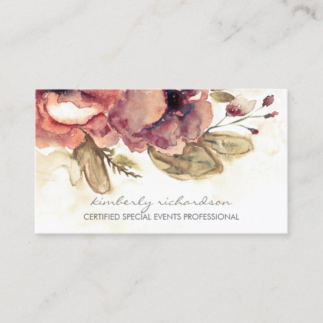 Carte De Visite Aquarelle Fleurs Vintage Maroon Élégant (Devant)