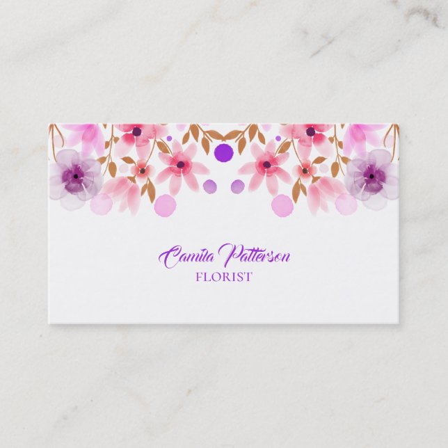 Carte De Visite Aquarelle Fleurs violettes Et Roses (Devant)