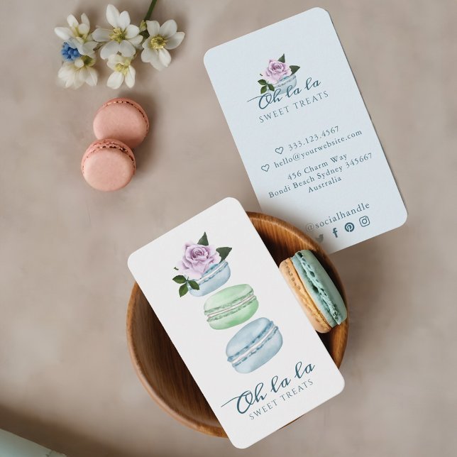 Carte De Visite Aquarelle Floral Blue Macaron Boulangerie & sucrer (Watercolor Floral Blue Macaron Bakery & Sweets Business Card)