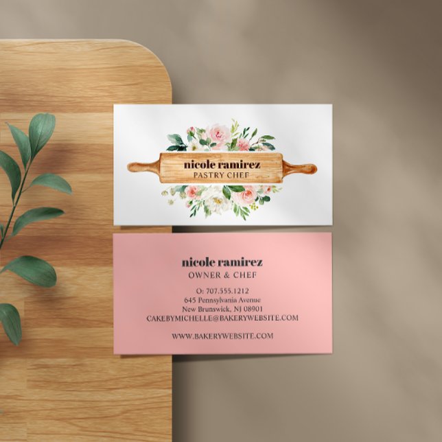 Carte De Visite Aquarelle Floral Boulangerie Rolling Pin Pâtisseri (Créateur téléchargé)
