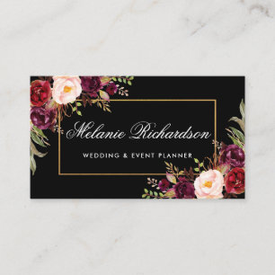 Carte De Visite Aquarelle Floral Bourgogne Noir Or