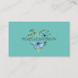 Carte De Visite Aquarelle Floral Heart   Fleurs bleues vertes