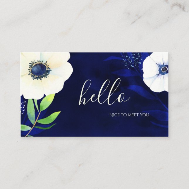 Carte De Visite Aquarelle Floral Marine bleu Bonjour (Devant)
