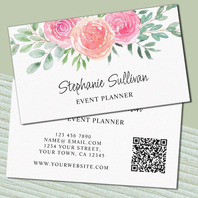 Carte De Visite Aquarelle Floral QR Code Planificateur d'événement (Créateur téléchargé)