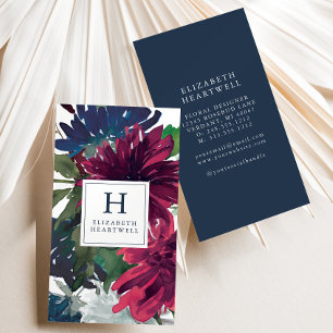 Carte De Visite Aquarelle florale Bourgogne Marine Monogramme bleu