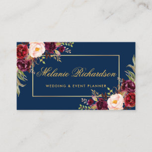 Carte De Visite Aquarelle Florale Bourgogne Marsala Blue Gold